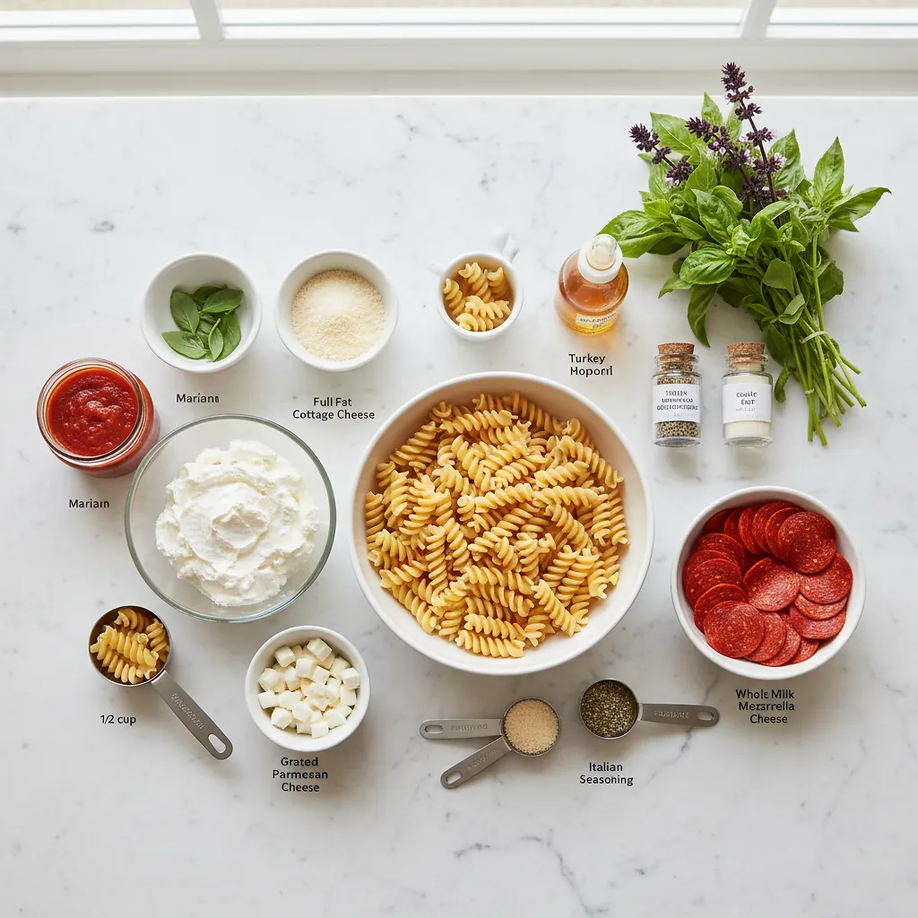 Viral Cottage Cheese Pizza Bowl Pasta ingredients organized for rapid prep on a dark wood board