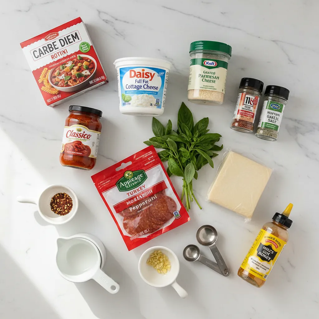 Viral Cottage Cheese Pizza Bowl Pasta (High Protein Recipe) - Grilled Cheese Social 2 Viral Cottage Cheese Pizza Bowl Pasta (High Protein Recipe) ingredients organized for rapid prep on a dark wood board