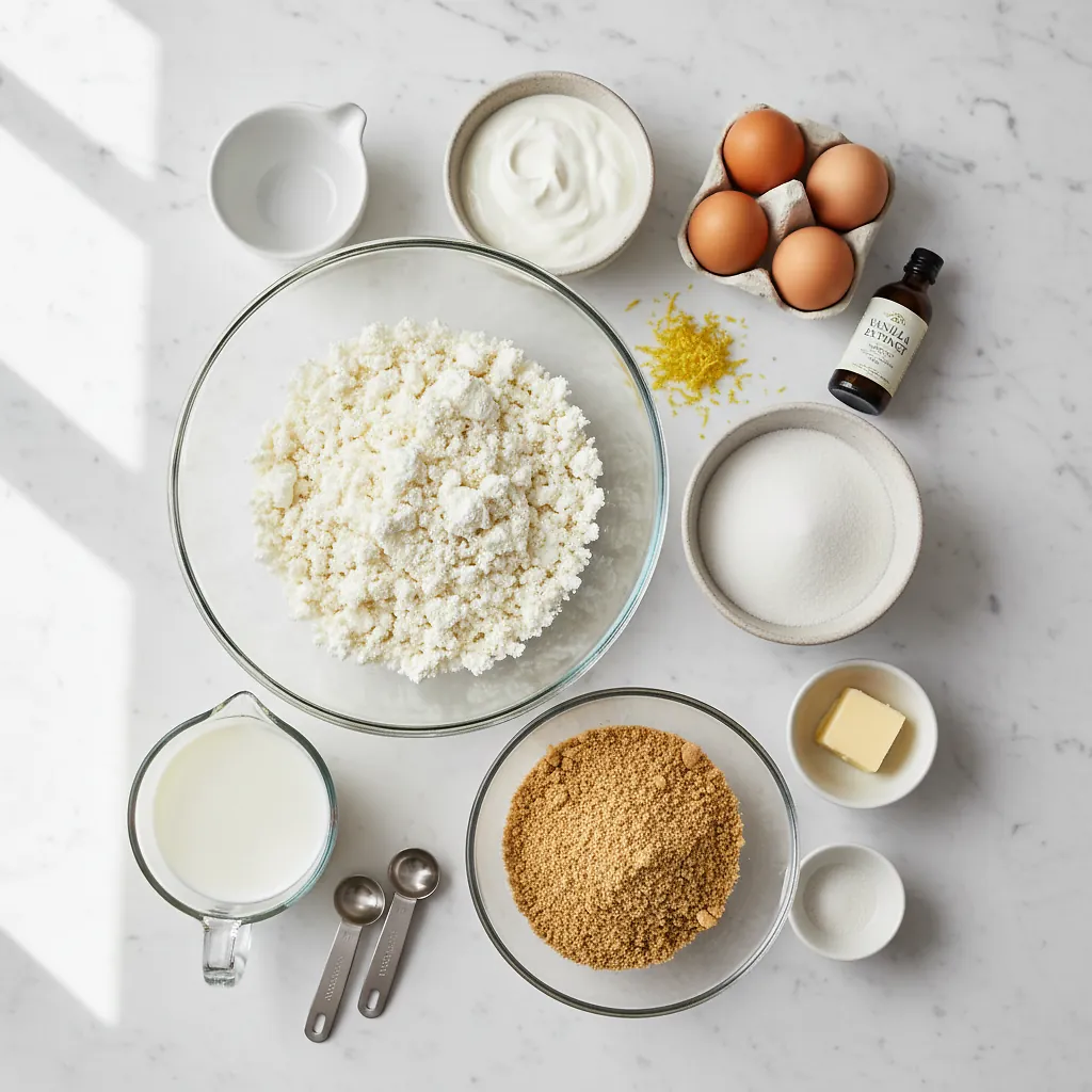 Easy Cottage Cheese Cheesecake - 5-Ingredient High-Protein Dessert 2 Easy Cottage Cheese Cheesecake ingredients organized for rapid prep on a dark wood board