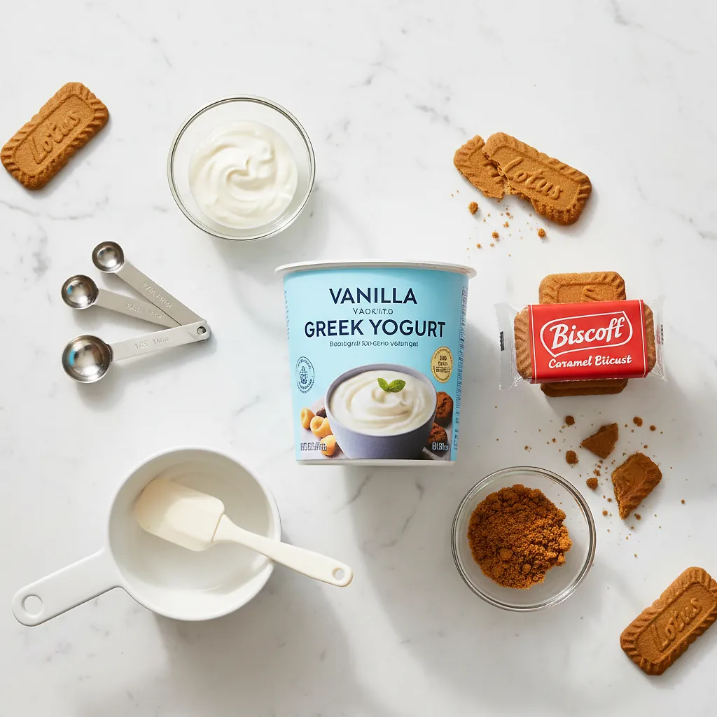 Viral Japanese Biscoff Cheesecake Yogurt Perfect No-Bake High-Protein Treat 2 Viral Japanese Biscoff Cheesecake Yogurt ingredients organized for rapid prep on a dark wood board
