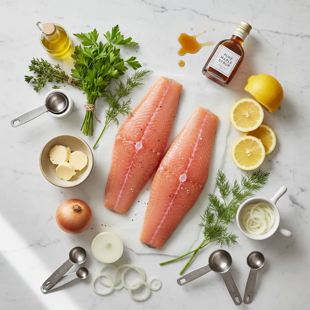 Perfect Maple-Lemon Arctic Char with Dill - 15-Minute Gourmet Meal 2 Maple-Lemon Arctic Char with Dill ingredients organized for rapid prep on a dark wood board