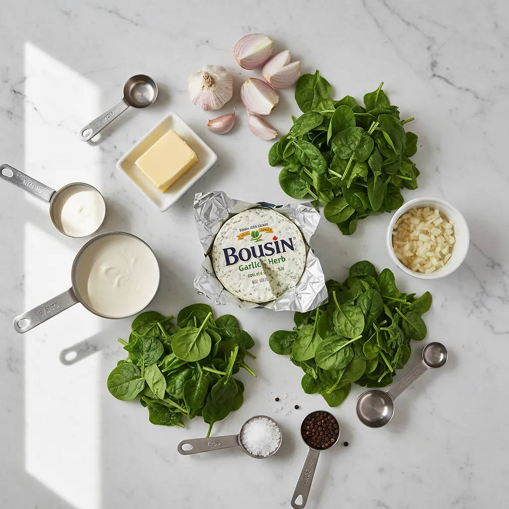 Absolutely Unreal Creamed Spinach with Boursin (20 Minutes) ingredients organized for rapid prep on a dark wood board
