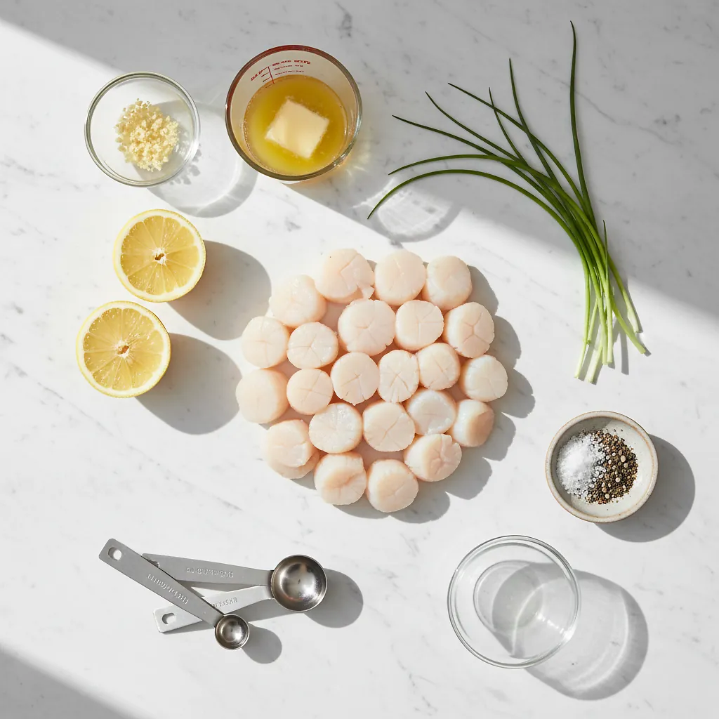 Air Fryer Scallops with Chive Lemon Butter ingredients organized for rapid prep on a dark wood board