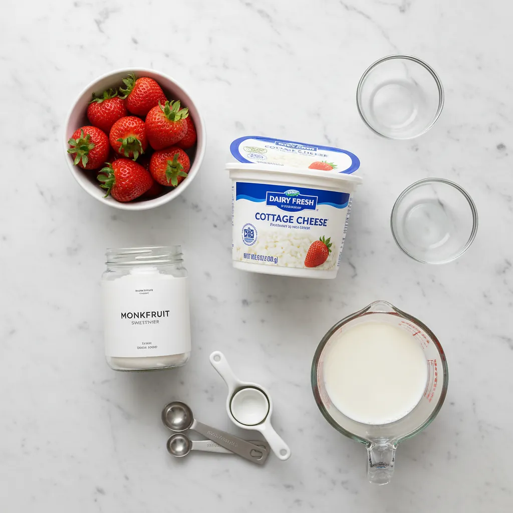 Ninja Creami Strawberry Cottage Cheese Ice Cream 2 Ninja Creami Strawberry Cottage Cheese Ice Cream ingredients organized for rapid prep on a dark wood board