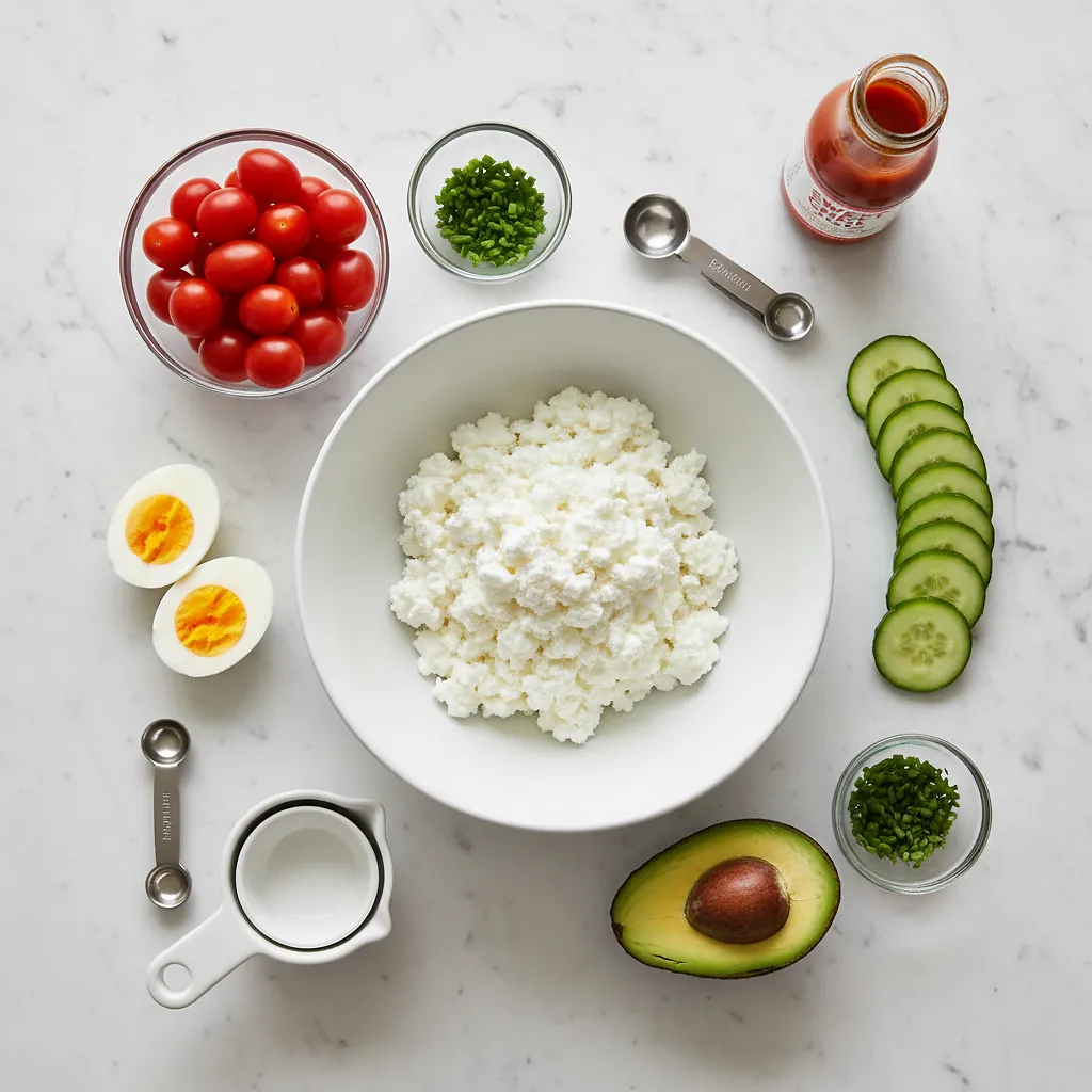 Viral High Protein Eggs and Cottage Cheese Breakfast Bowl ingredients organized for rapid prep on a dark wood board