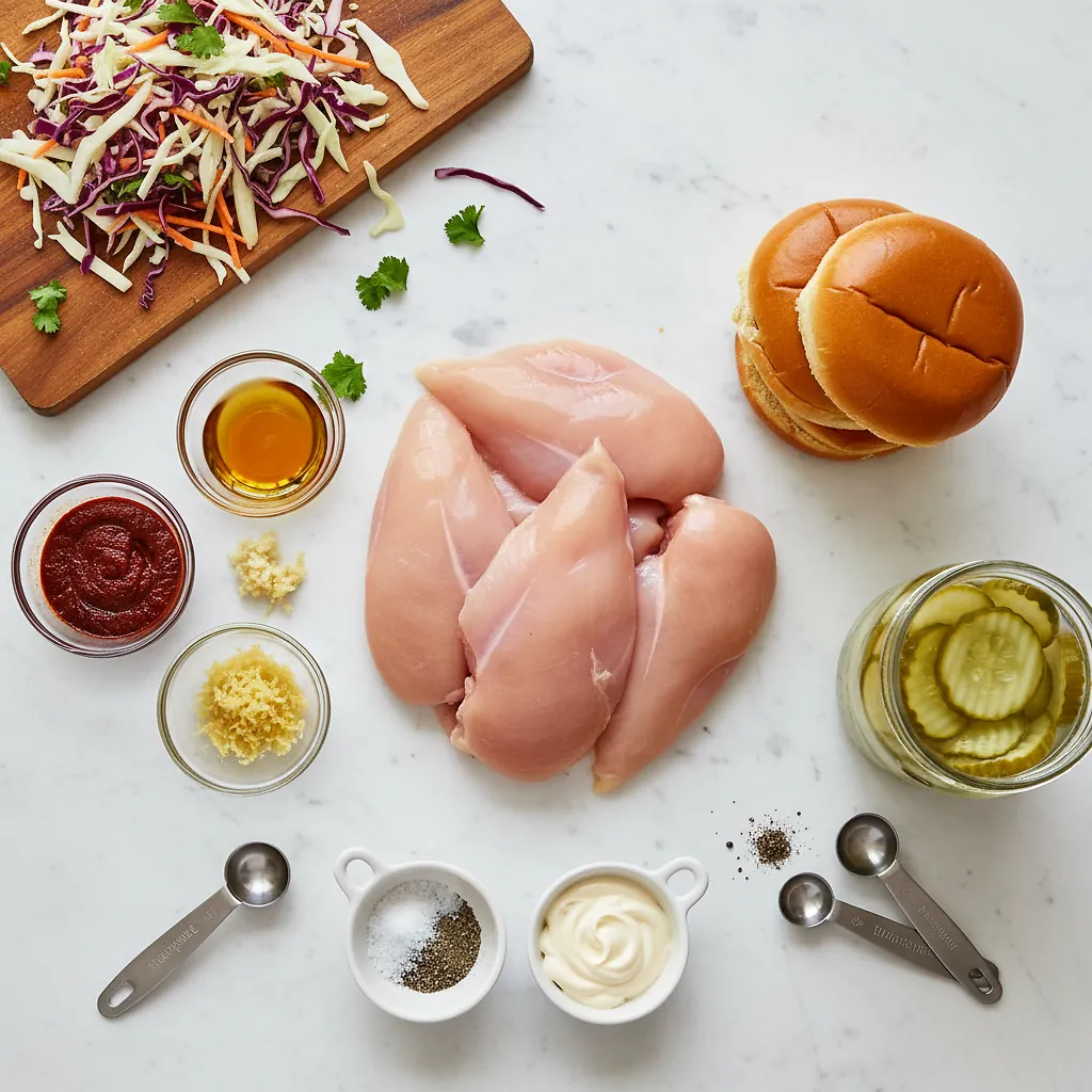 Korean-Inspired Chicken Burgers with Pickle Slaw & Garlic Mayo ingredients organized for rapid prep on a dark wood board