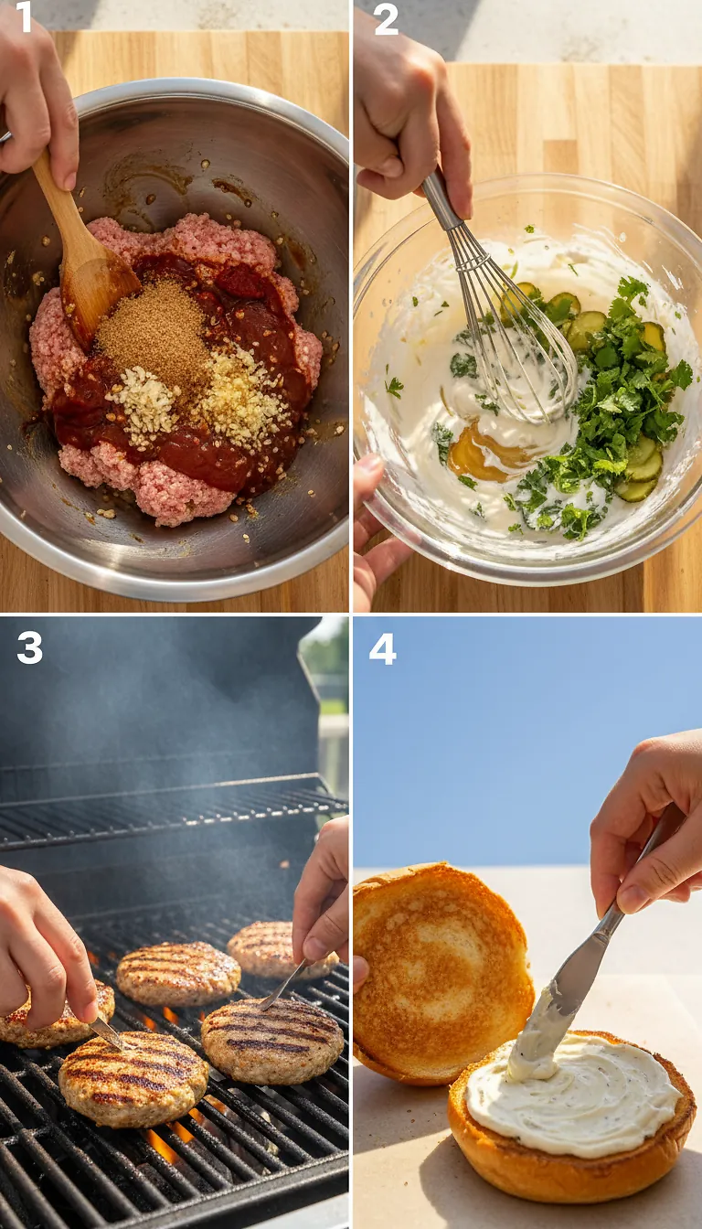 Step-by-Step High Heat Execution for Korean-Inspired Chicken Burgers with Pickle Slaw & Garlic Mayo