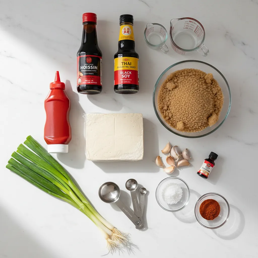 Char Siu Tofu ingredients organized for rapid prep on a dark wood board
