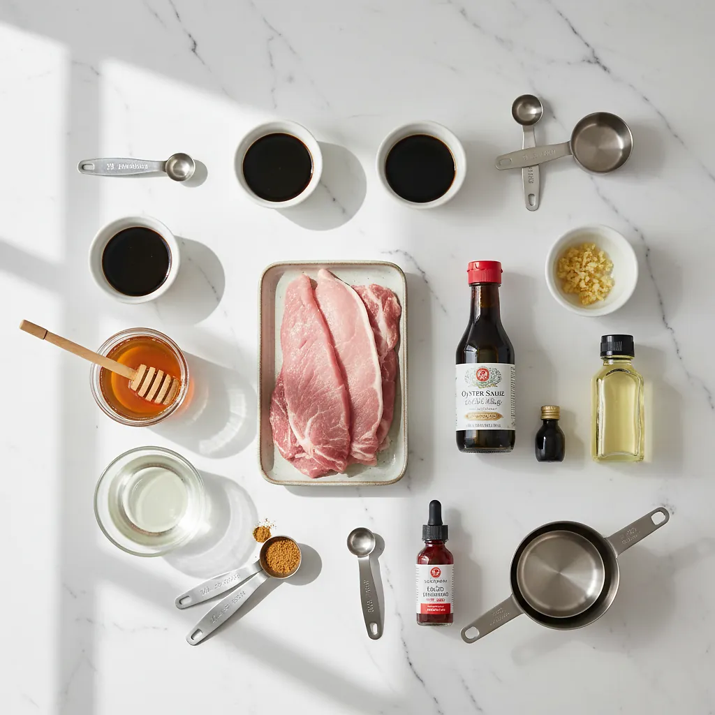 Easy Char Siu (Chinese BBQ Chicken/Beef) ingredients organized for rapid prep on a dark wood board