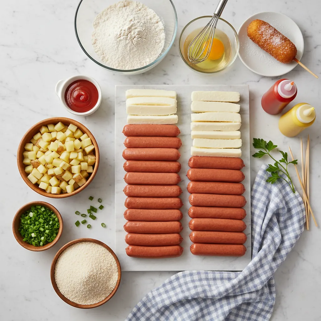 Korean Corn Dog (Gamja Hotdog) ingredients organized for rapid prep on a dark wood board