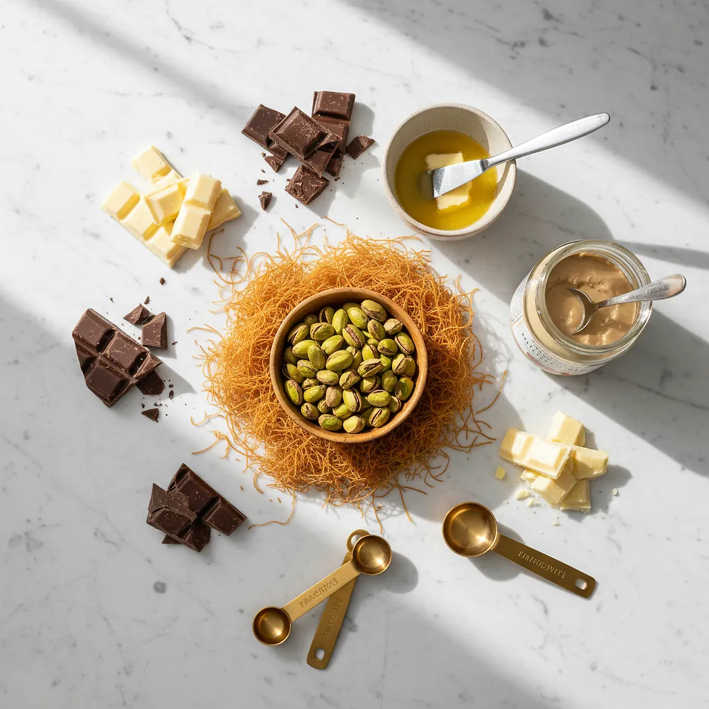 Viral Dubai Chocolate Bar with Knafeh & Pistachio Cream - Perfect Decadent Recipe 2 Viral Dubai Chocolate Bar with Knafeh & Pistachio Cream ingredients organized for rapid prep on a dark wood board