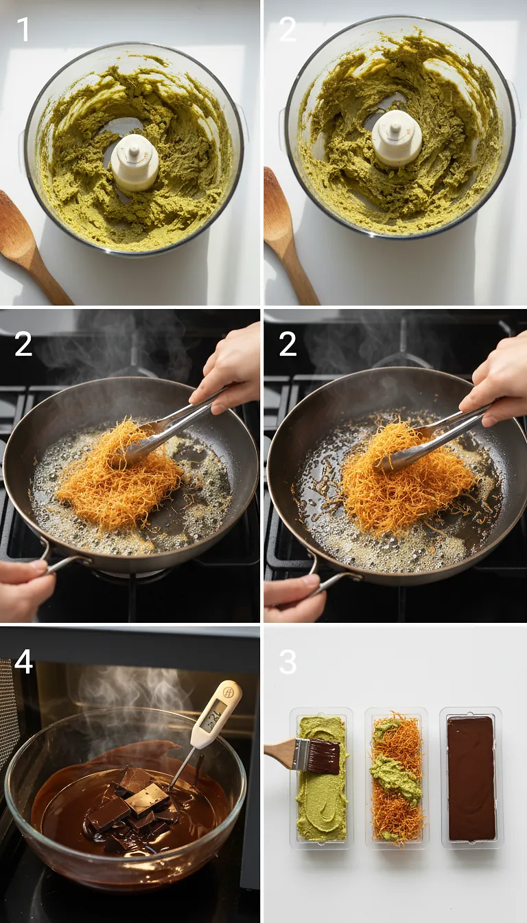 Viral Dubai Chocolate Bar with Knafeh & Pistachio Cream - Perfect Decadent Recipe 3 Step-by-Step High Heat Execution for Viral Dubai Chocolate Bar with Knafeh & Pistachio Cream