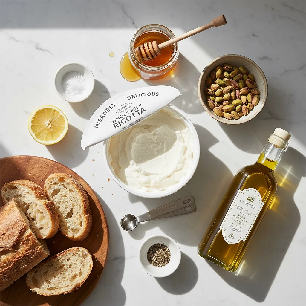 Insanely Delicious Whipped Ricotta - Perfect 10-Minute Appetizer 2 Insanely Delicious Whipped Ricotta ingredients organized for rapid prep on a dark wood board