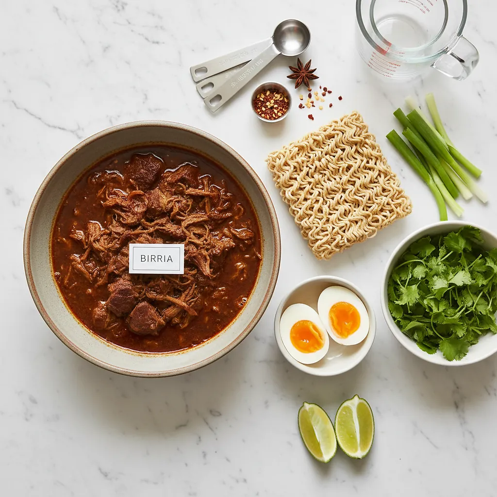 Birria Ramen ingredients organized for rapid prep on a dark wood board