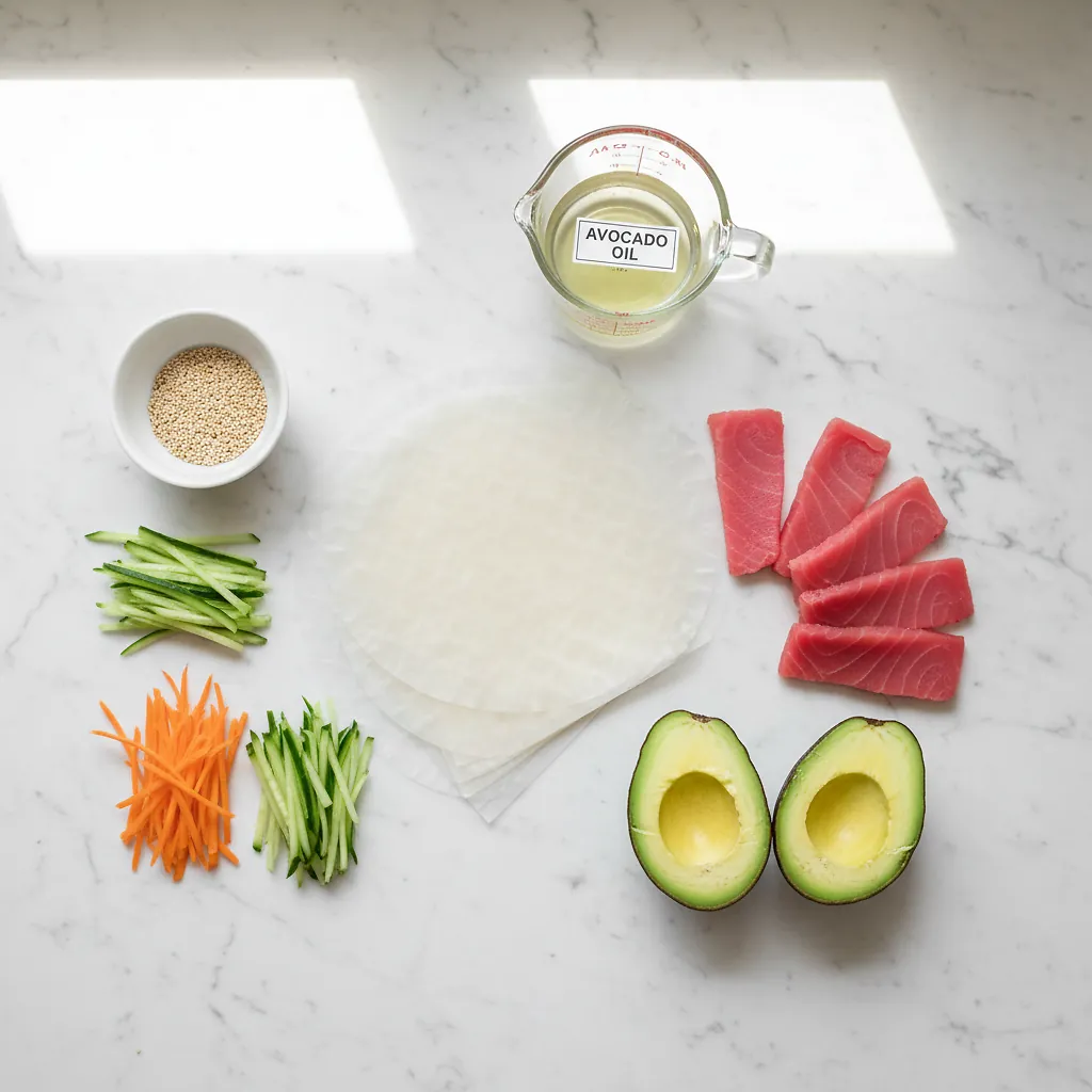 Rice Paper Sushi Rolls (Crispy, Easy & Gluten-Free) 2 Rice Paper Sushi Rolls (Crispy, Easy & Gluten-Free) ingredients organized for rapid prep on a dark wood board