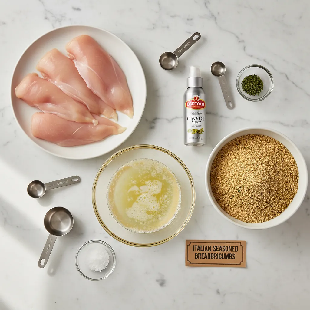 Air Fried Chicken Cutlets ingredients organized for rapid prep on a dark wood board