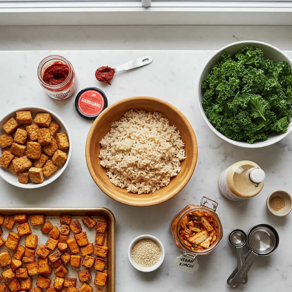 Korean-Inspired Vegan Buddha Bowl ingredients organized for rapid prep on a dark wood board