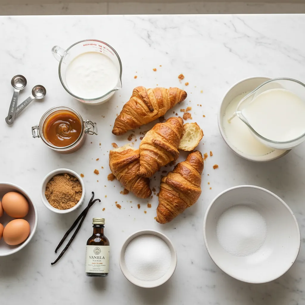 Salted Caramel Croissant Bread Pudding ingredients organized for rapid prep on a dark wood board