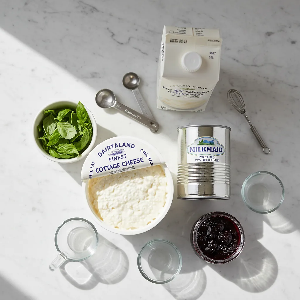 Viral Cottage Cheese Ice Cream ingredients organized for rapid prep on a dark wood board