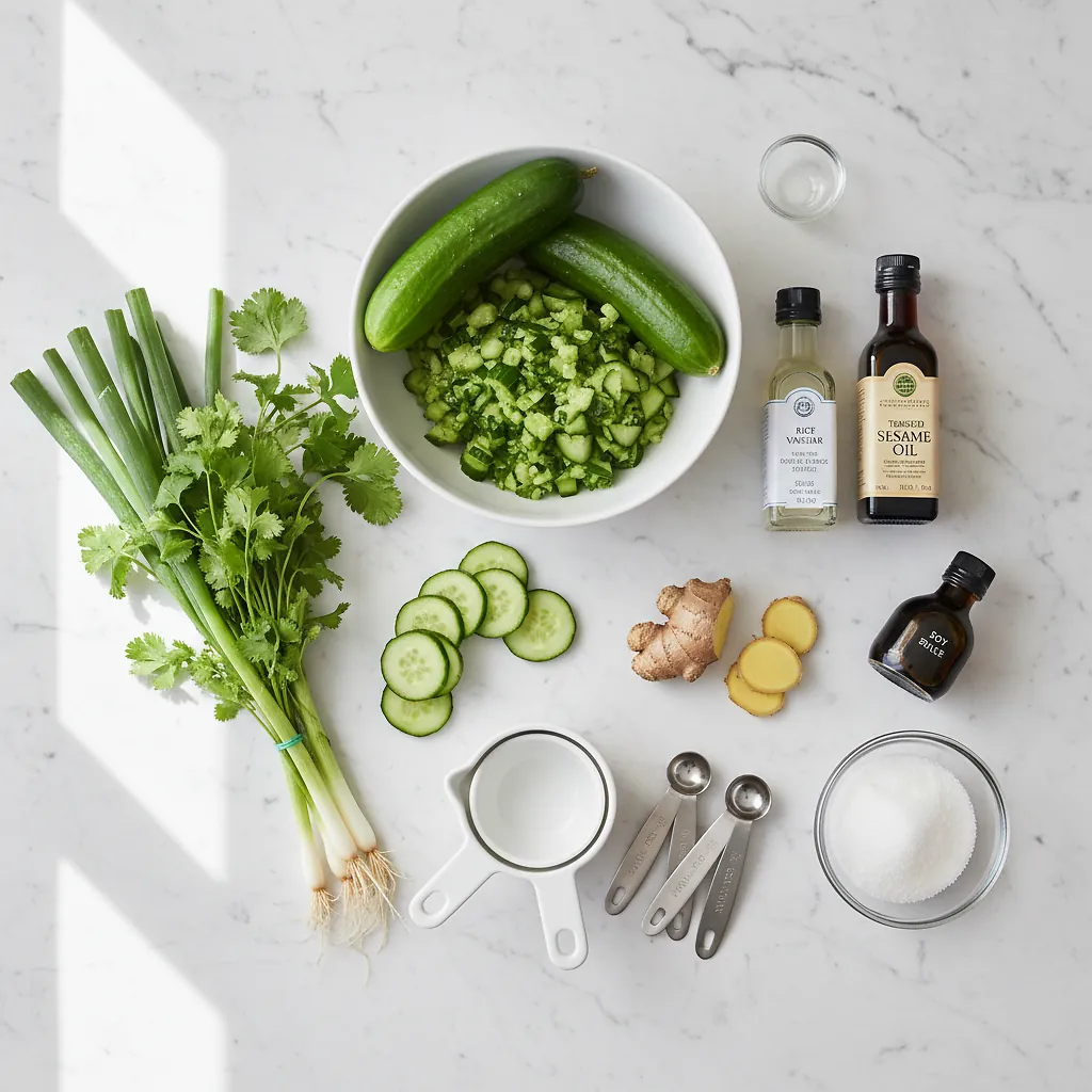 Smashed Cucumber Salad ingredients organized for rapid prep on a dark wood board