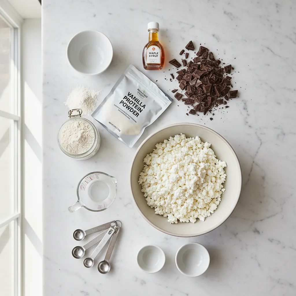 The Best Cottage Cheese Edible Cookie Dough 2 The Best Cottage Cheese Edible Cookie Dough ingredients organized for rapid prep on a dark wood board