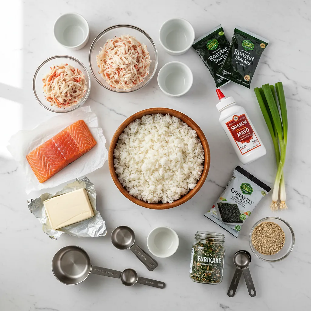 Salmon Sushi Bake (Viral Recipe) ingredients organized for rapid prep on a dark wood board
