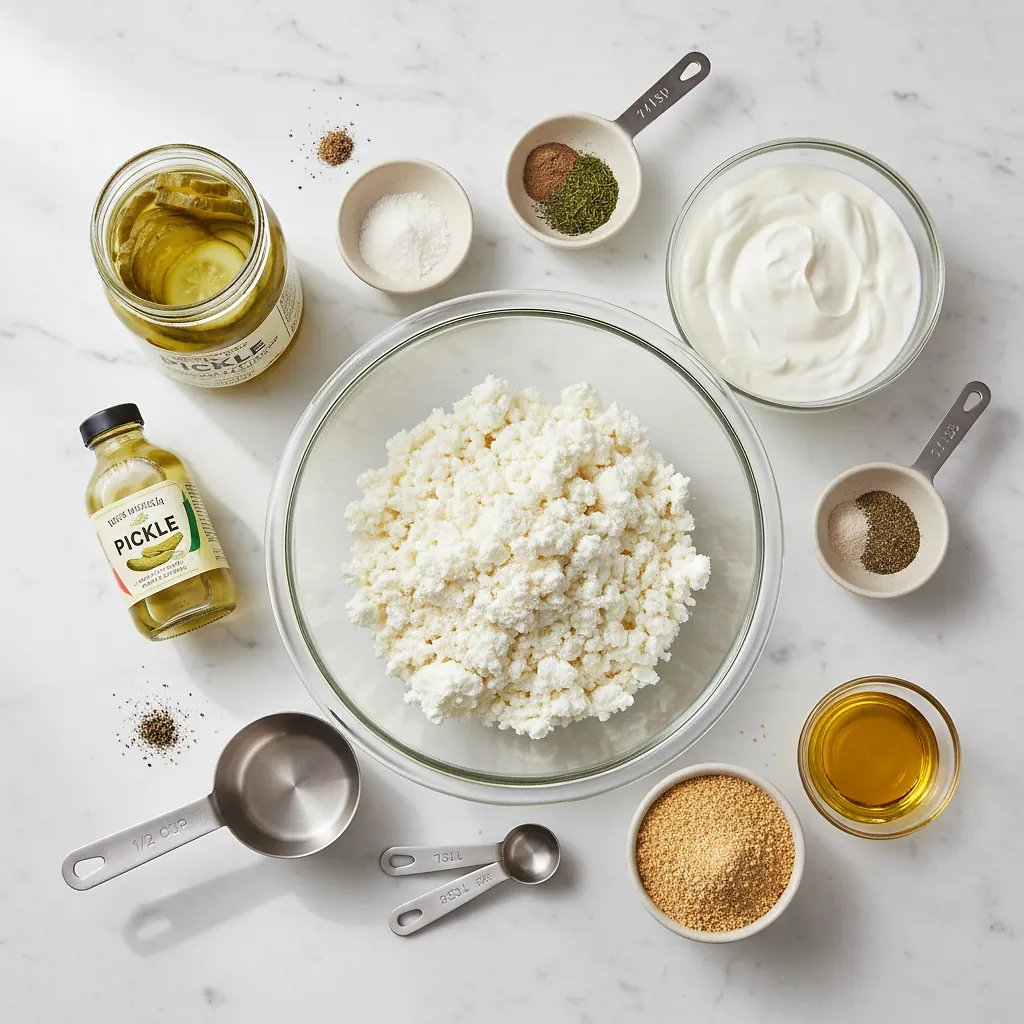 High-Protein Fried Pickle Dip ingredients organized for rapid prep on a dark wood board