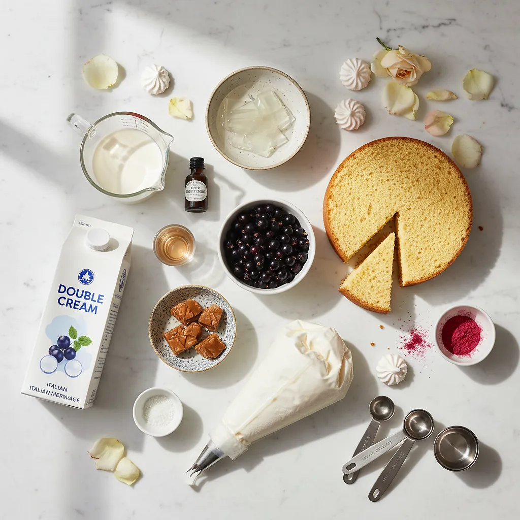 Blackcurrant Mousse - Perfect High-Heat Dessert 2 Blackcurrant Mousse ingredients organized for rapid prep on a dark wood board