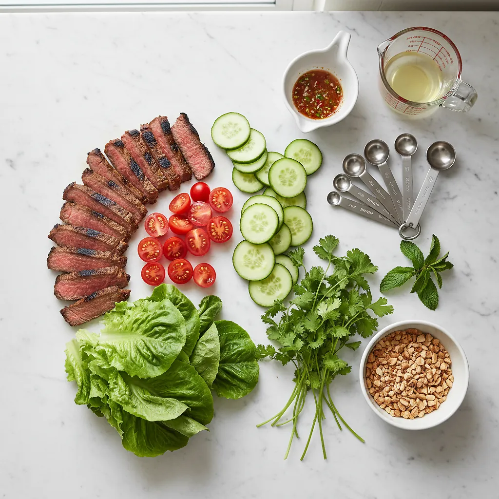 Thai Beef Salad - Perfect Seared Flavor in 25 Minutes 2 Thai Beef Salad ingredients organized for rapid prep on a dark wood board
