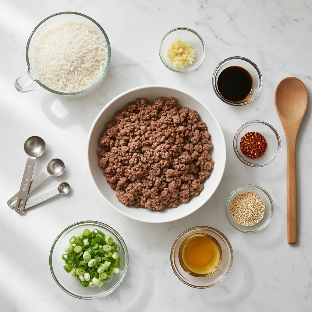 Korean Ground Beef and Rice Bowls ingredients organized for rapid prep on a dark wood board