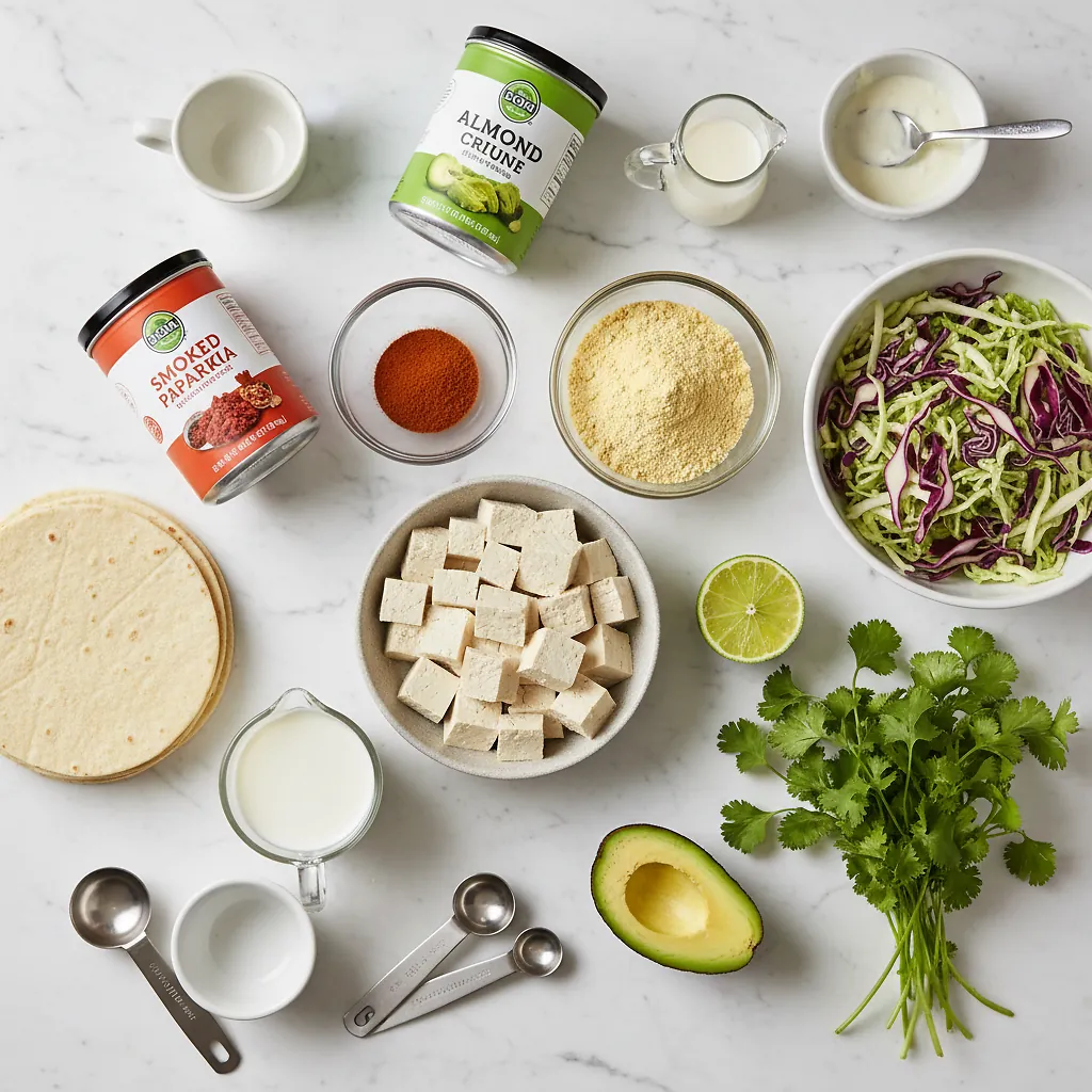 Crispy Tofu Tacos with Vegan Lime Crema ingredients organized for rapid prep on a dark wood board