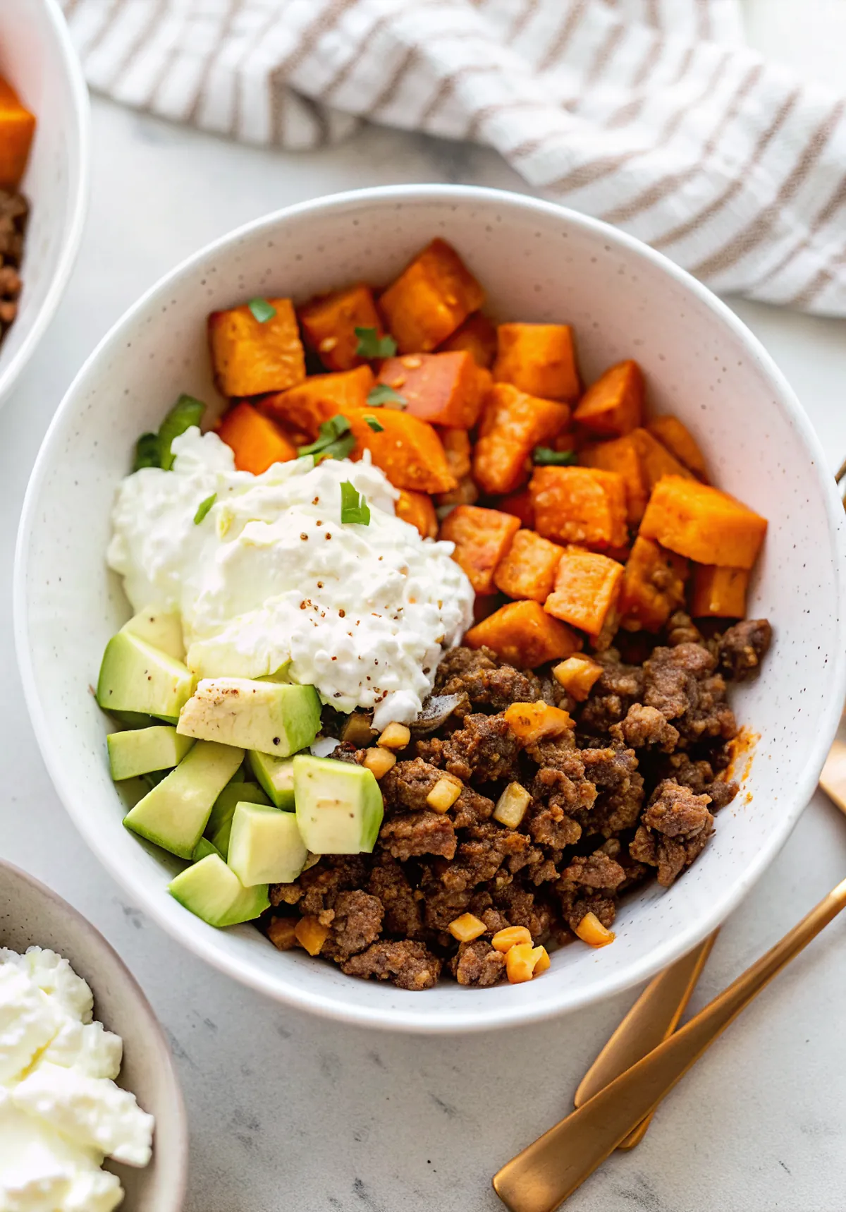 Perfectly seared Cottage Cheese Sweet Potato Beef Bowl (Viral TikTok Recipe) served professional style