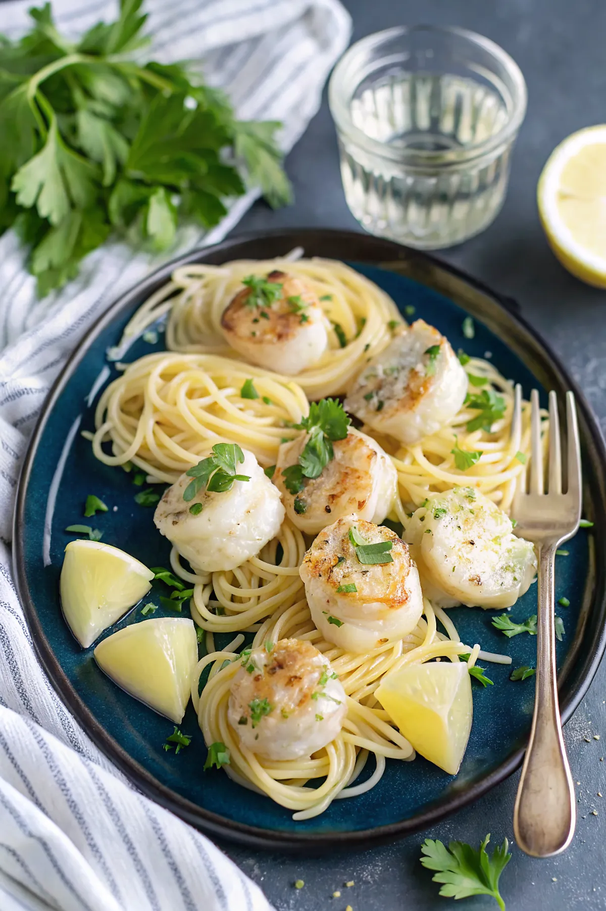 Perfectly seared Air Fryer Scallops with Chive Lemon Butter served professional style