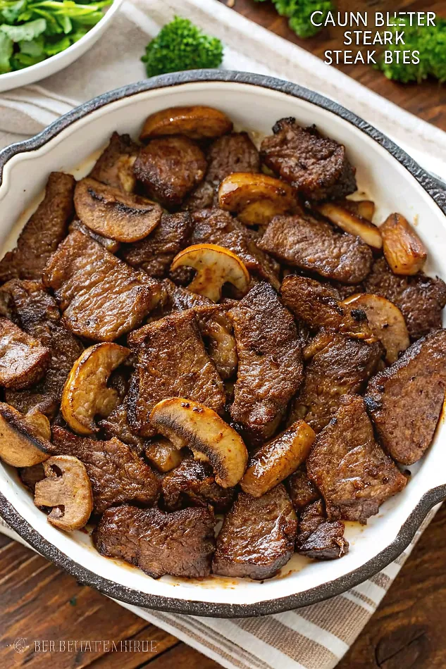 Perfectly seared Air Fryer Cajun Butter Steak Bites with Mushrooms served professional style