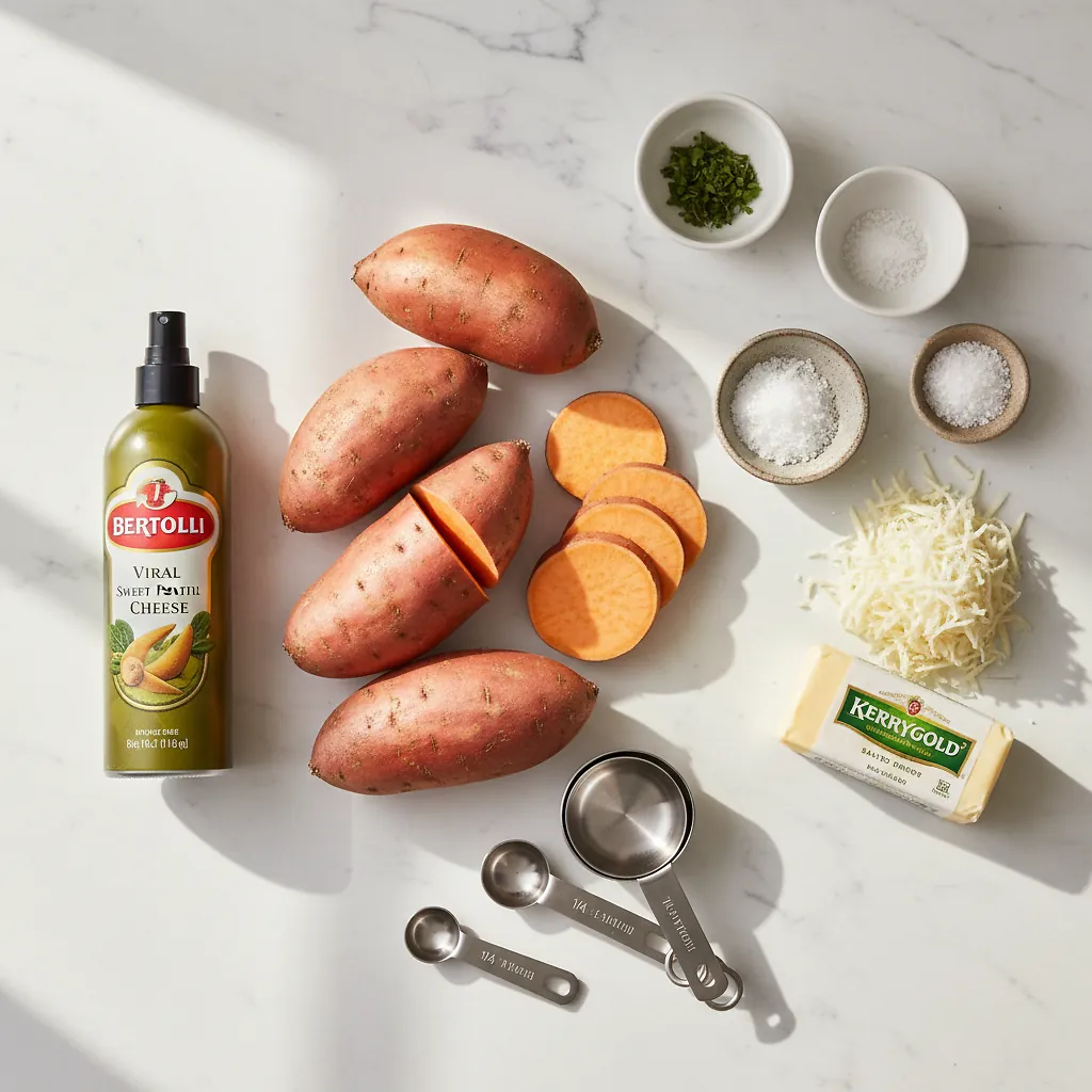 Viral Sweet Potato with Cheese ingredients organized for rapid prep on a dark wood board