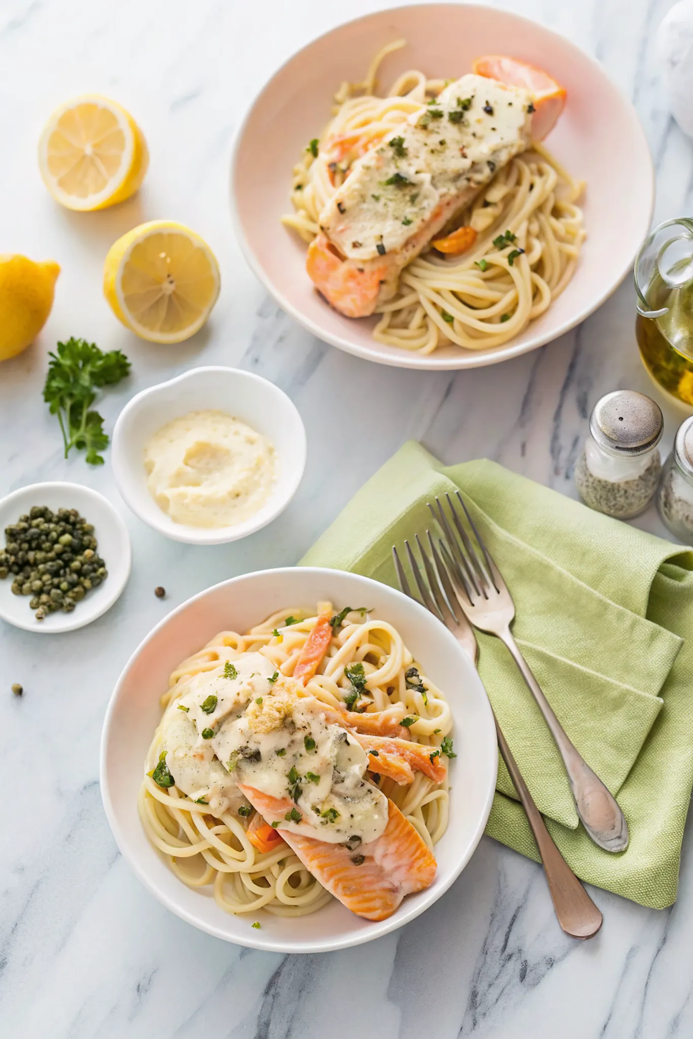 Perfectly seared Creamy Lemon Salmon Piccata Pasta served professional style