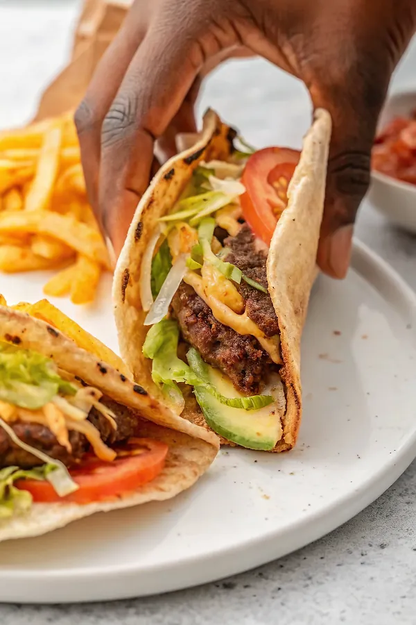 Perfectly seared Air Fryer Smash Burger Tacos served professional style