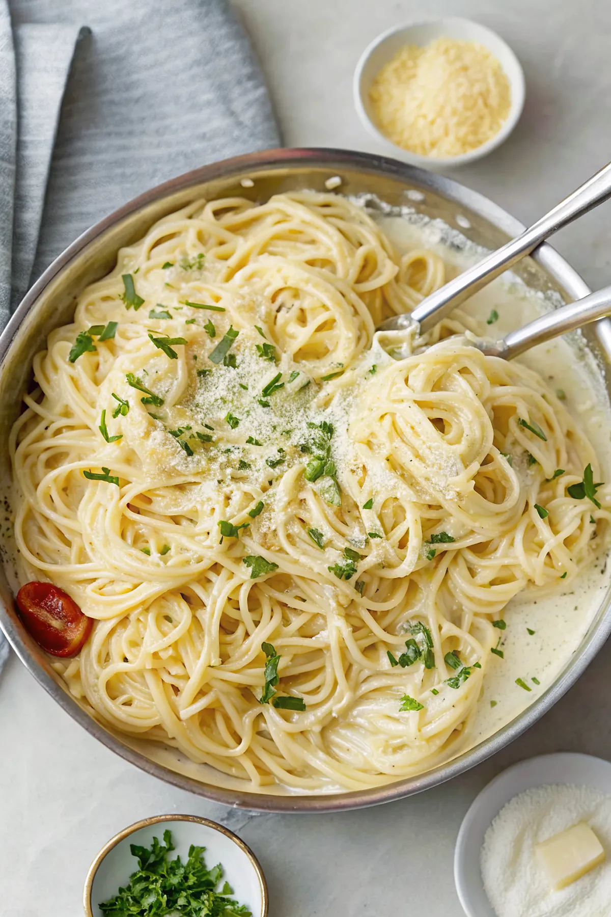 Perfectly seared 5-ingredient Cottage Cheese Alfredo Pasta served professional style