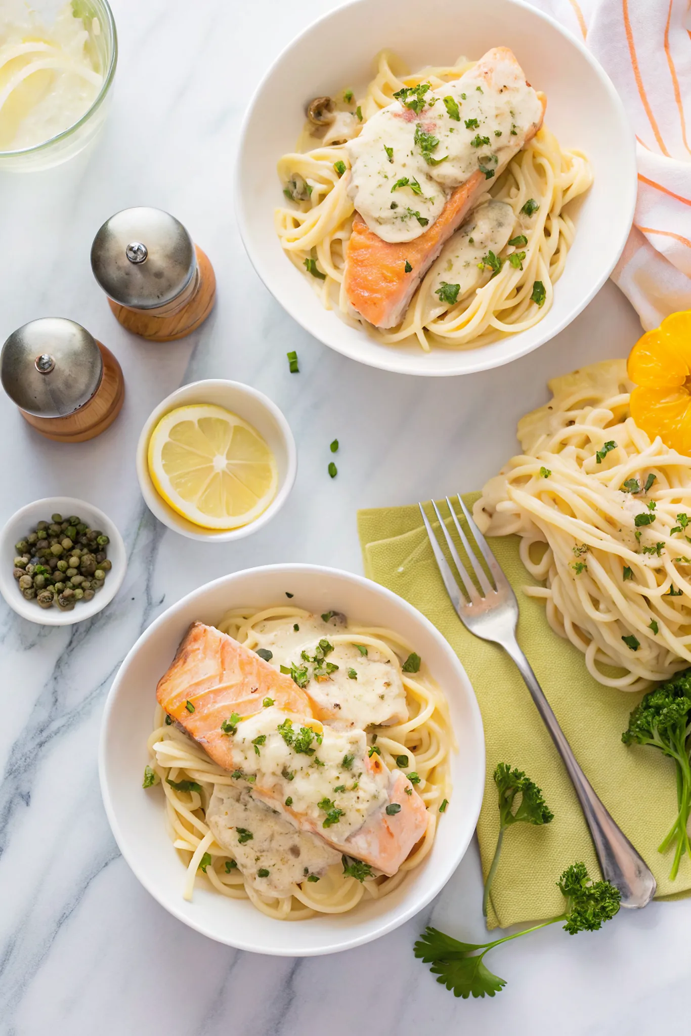 Creamy Lemon Salmon Piccata Pasta - Eating With Erica 4 Perfectly seared Creamy Lemon Salmon Piccata Pasta served professional style