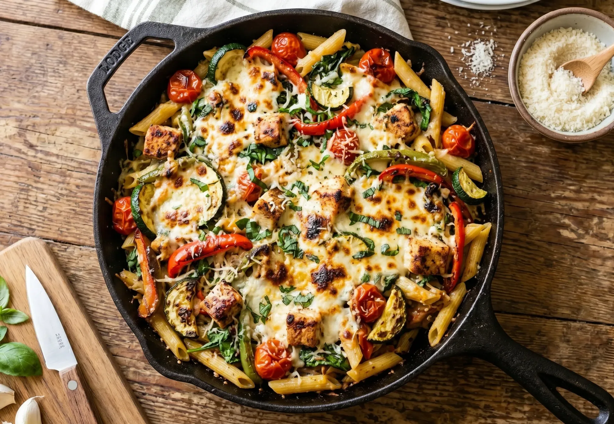 Perfectly seared Chicken Primavera Pasta Bake served professional style
