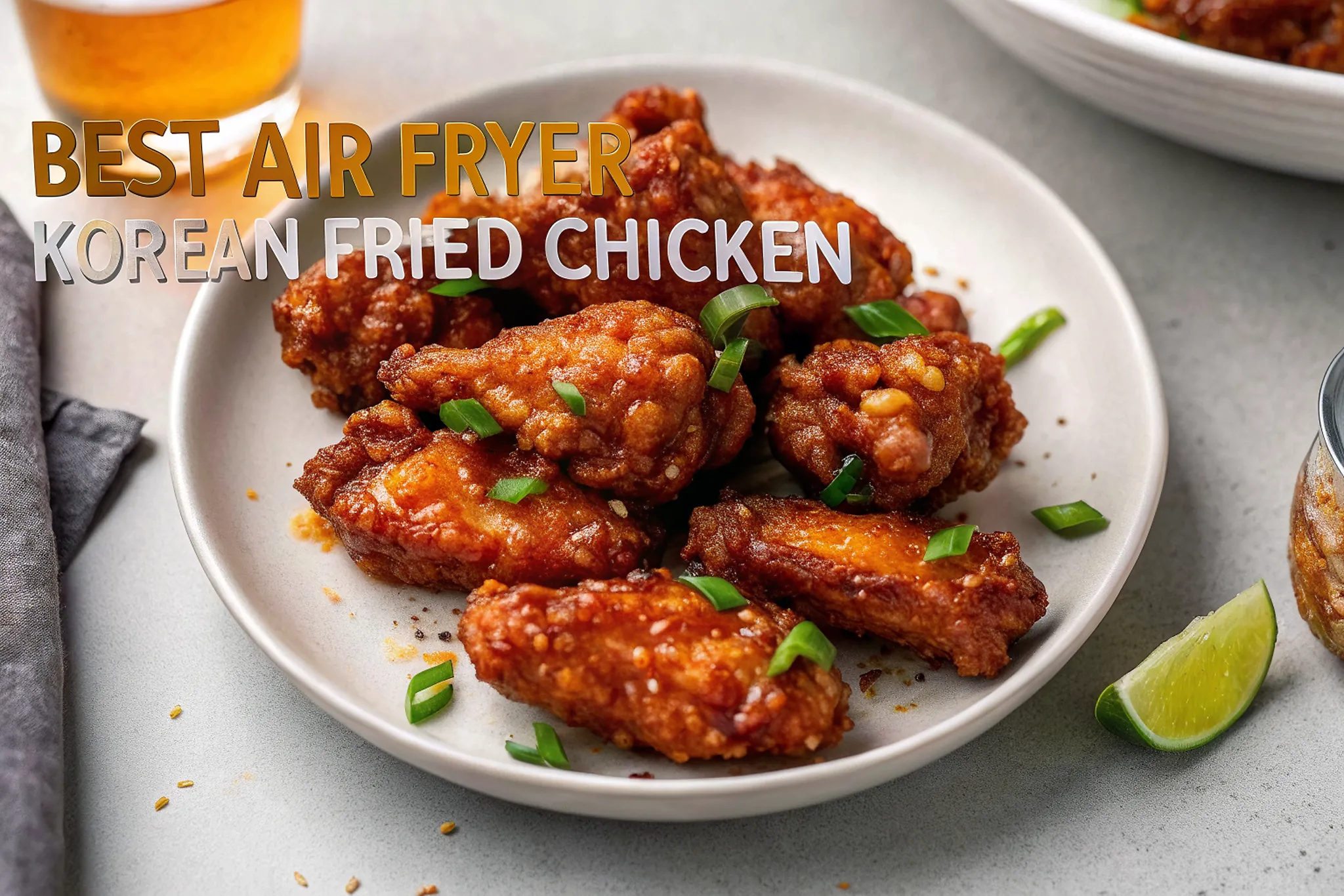 Perfectly seared Best Air Fryer Korean Fried Chicken served professional style