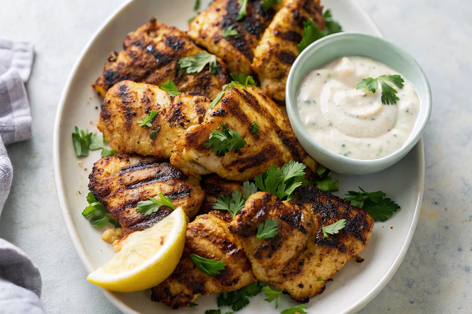 Perfectly seared Shawarma-Spiced Grilled Chicken With Tahini-Yogurt Sauce served professional style