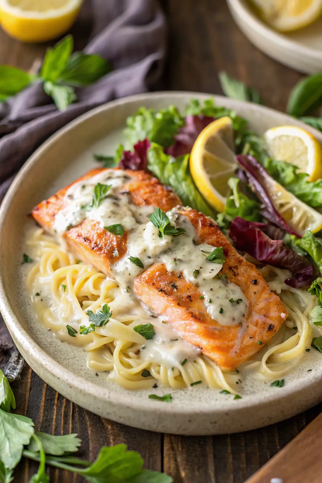 Perfectly seared Creamy Salmon Piccata served professional style