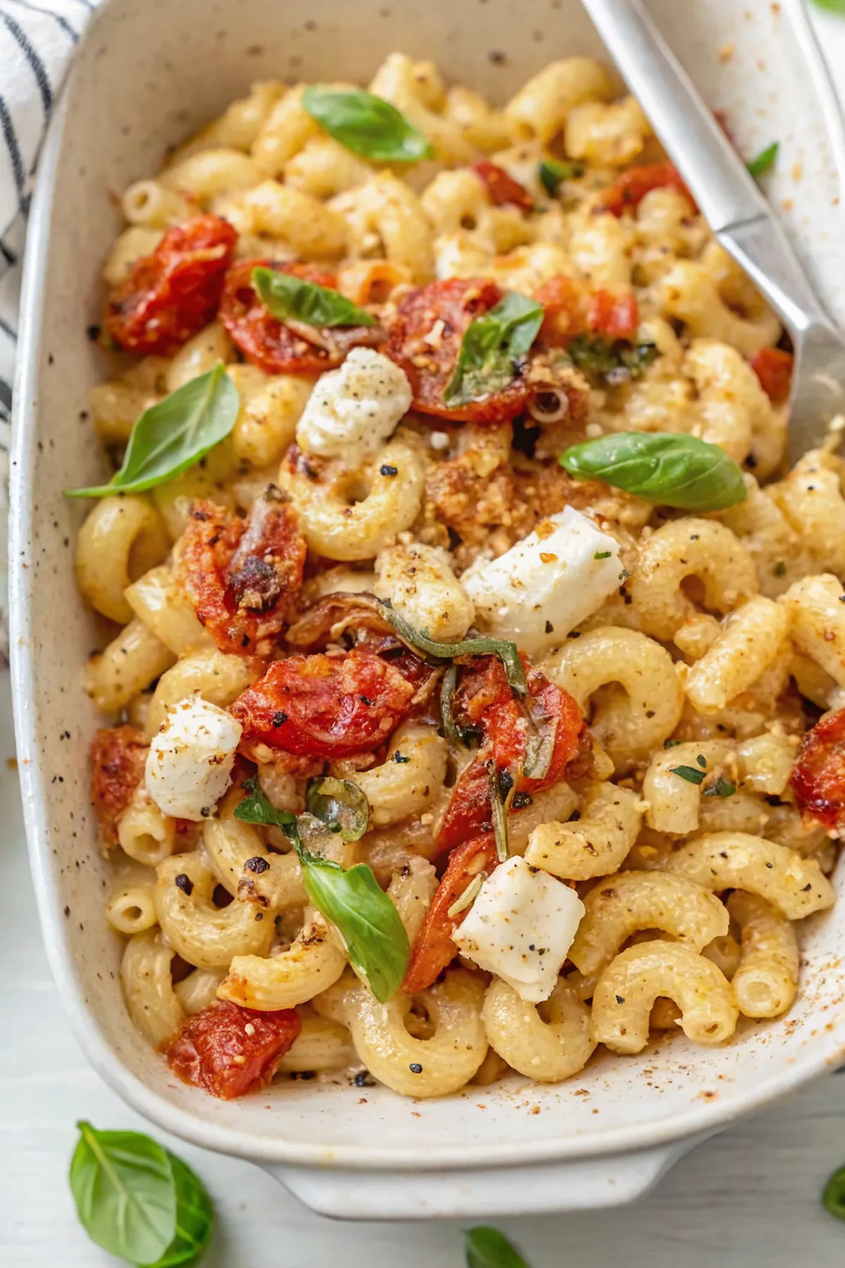Perfectly seared Baked Feta Pasta served professional style