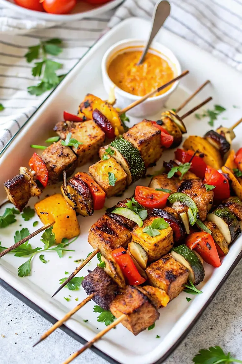 Perfectly seared Moroccan Grilled Veggie Skewers served professional style
