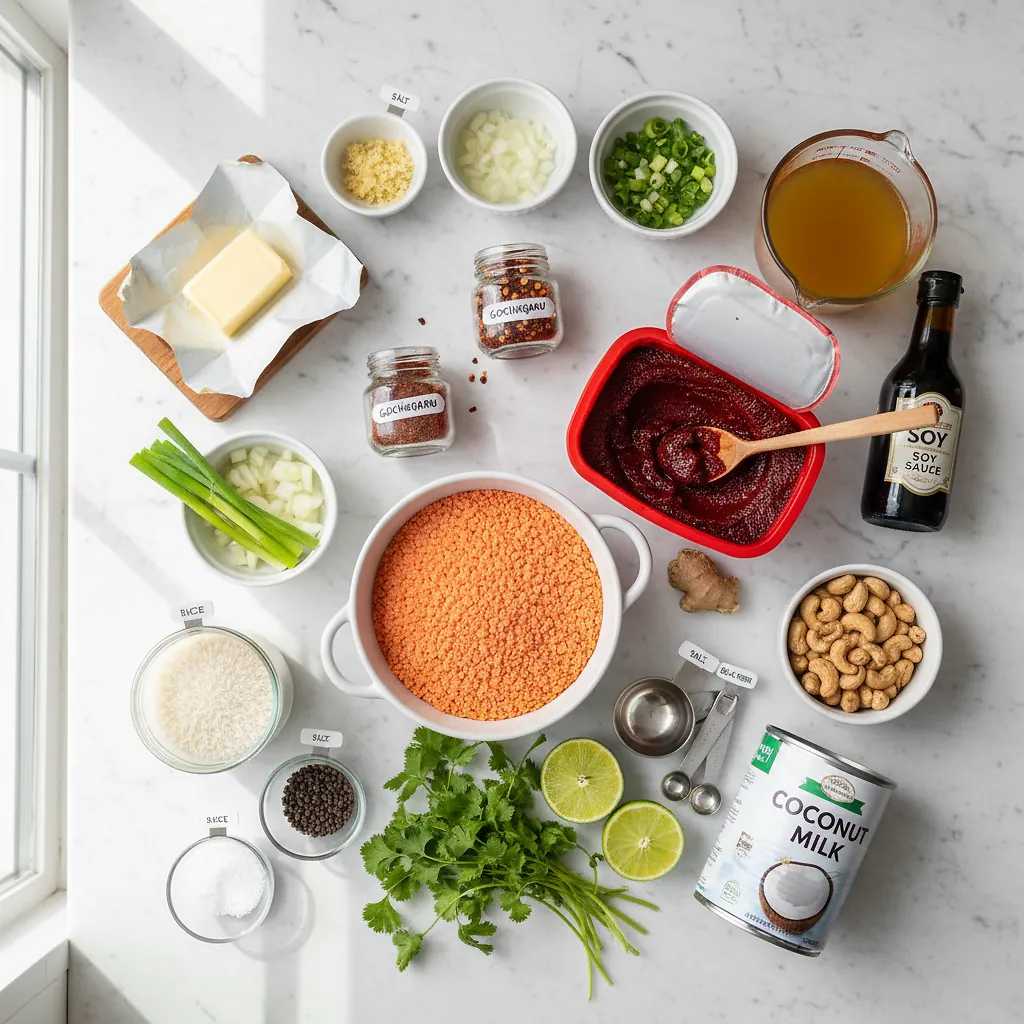 Creamy Coconut Gochujang Lentils ingredients organized for rapid prep on a dark wood board