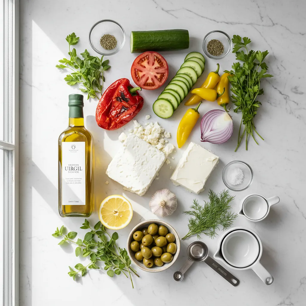 Whipped Feta Greek Board ingredients organized for rapid prep on a dark wood board