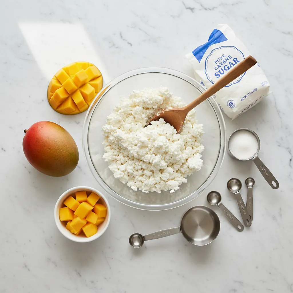 Mango Cottage Cheese Ice Cream - Perfect 3-Ingredient Protein Treat 2 Mango Cottage Cheese Ice Cream ingredients organized for rapid prep on a dark wood board