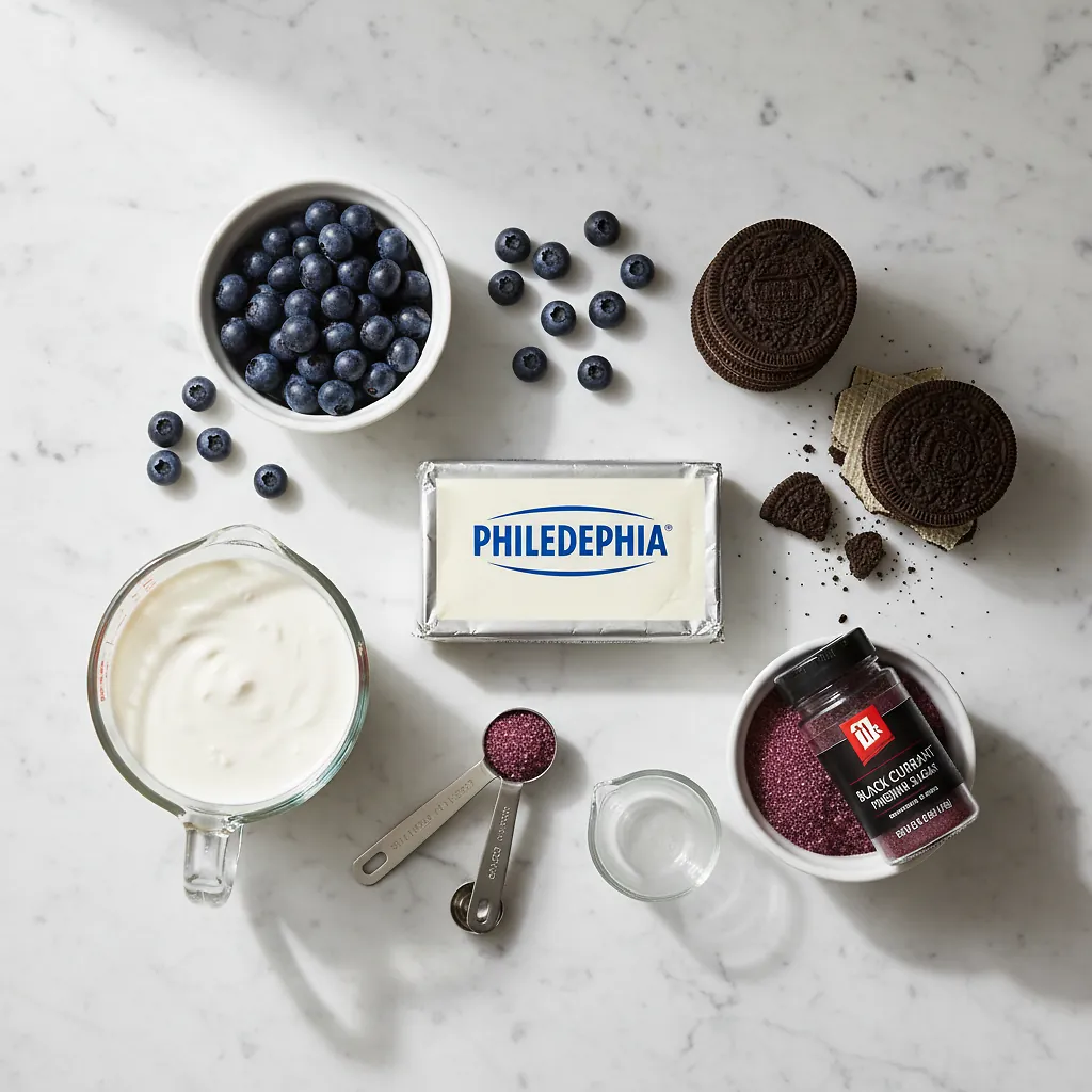 Black Currant Cheesecake Mousse - 15-Minute No-Bake Dessert 2 Black Currant Cheesecake Mousse ingredients organized for rapid prep on a dark wood board