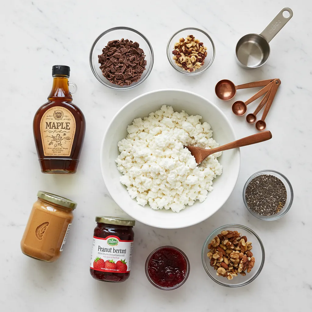 Frozen Cottage Cheese Bark (Viral Cottage Cheese Dessert) 2 Frozen Cottage Cheese Bark (Viral Cottage Cheese Dessert) ingredients organized for rapid prep on a dark wood board